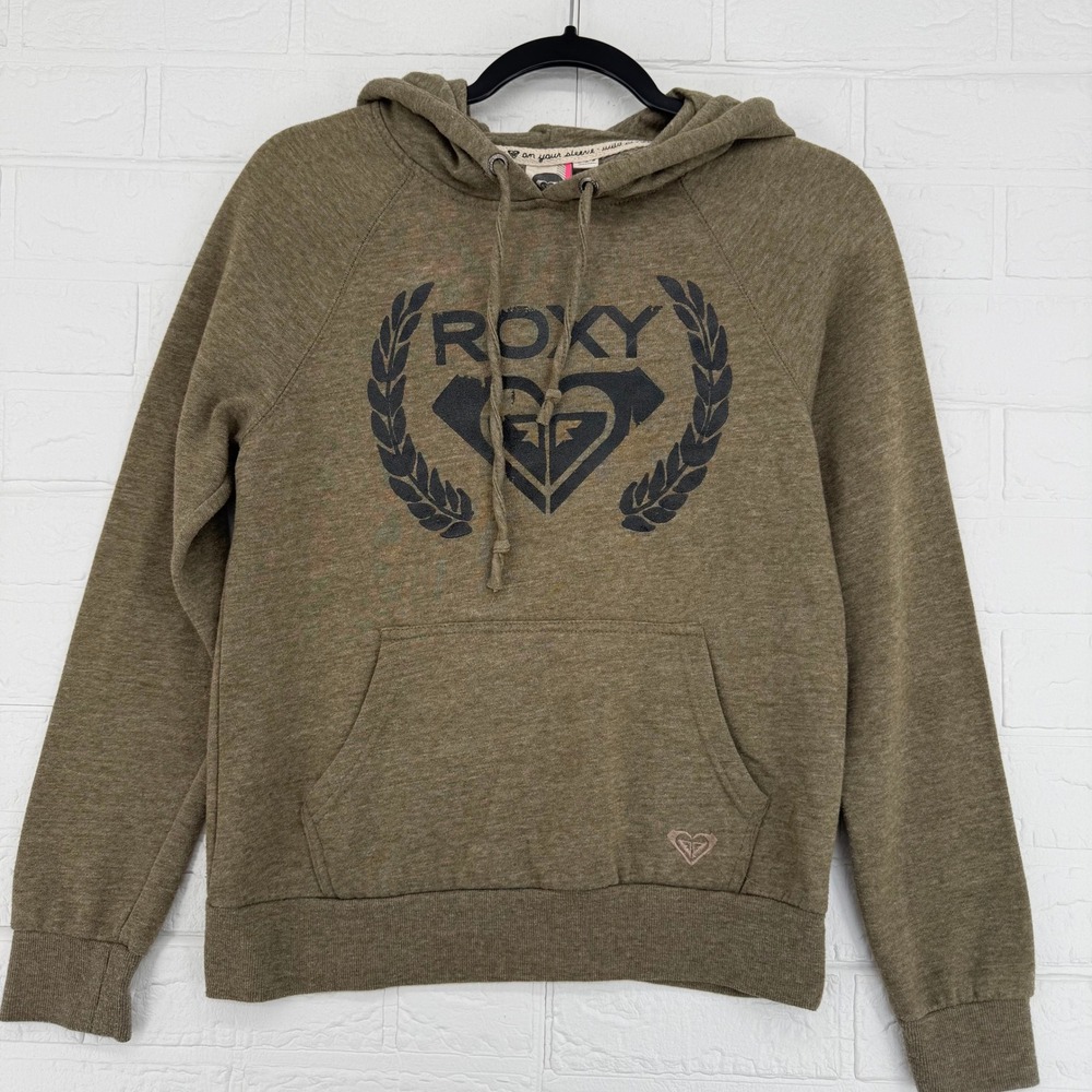 Roxy Hoodie Women M Green Pullover Graphic Logo Raglan Long Sleeve Sweatshirt